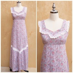 70s Pink Purple Floral Gunne Sax Style Maxi Dress Ditsy Cottage Prairie Lace